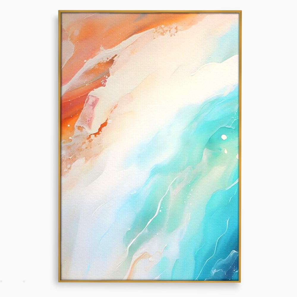 Tablou canvas cu pictura abstracta cu valuri turcoaz, in rama de aluminiu auriu